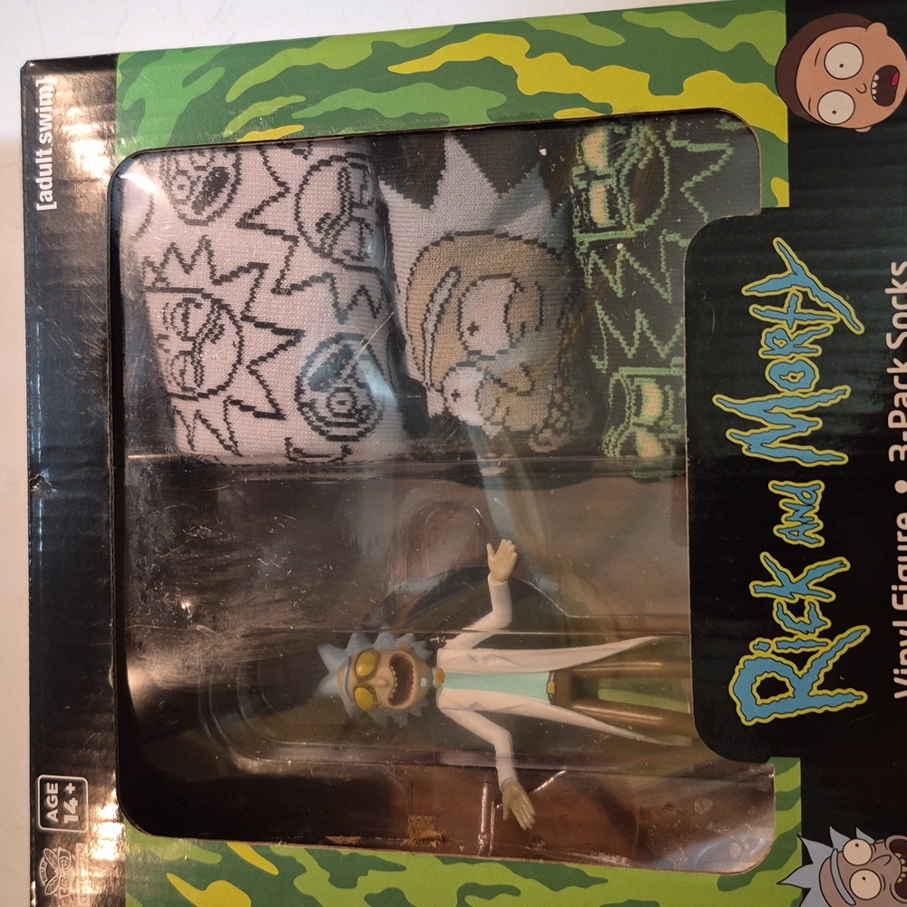 Rick And Morty Figute And 3-pack Socks .For Ages 14+ New .